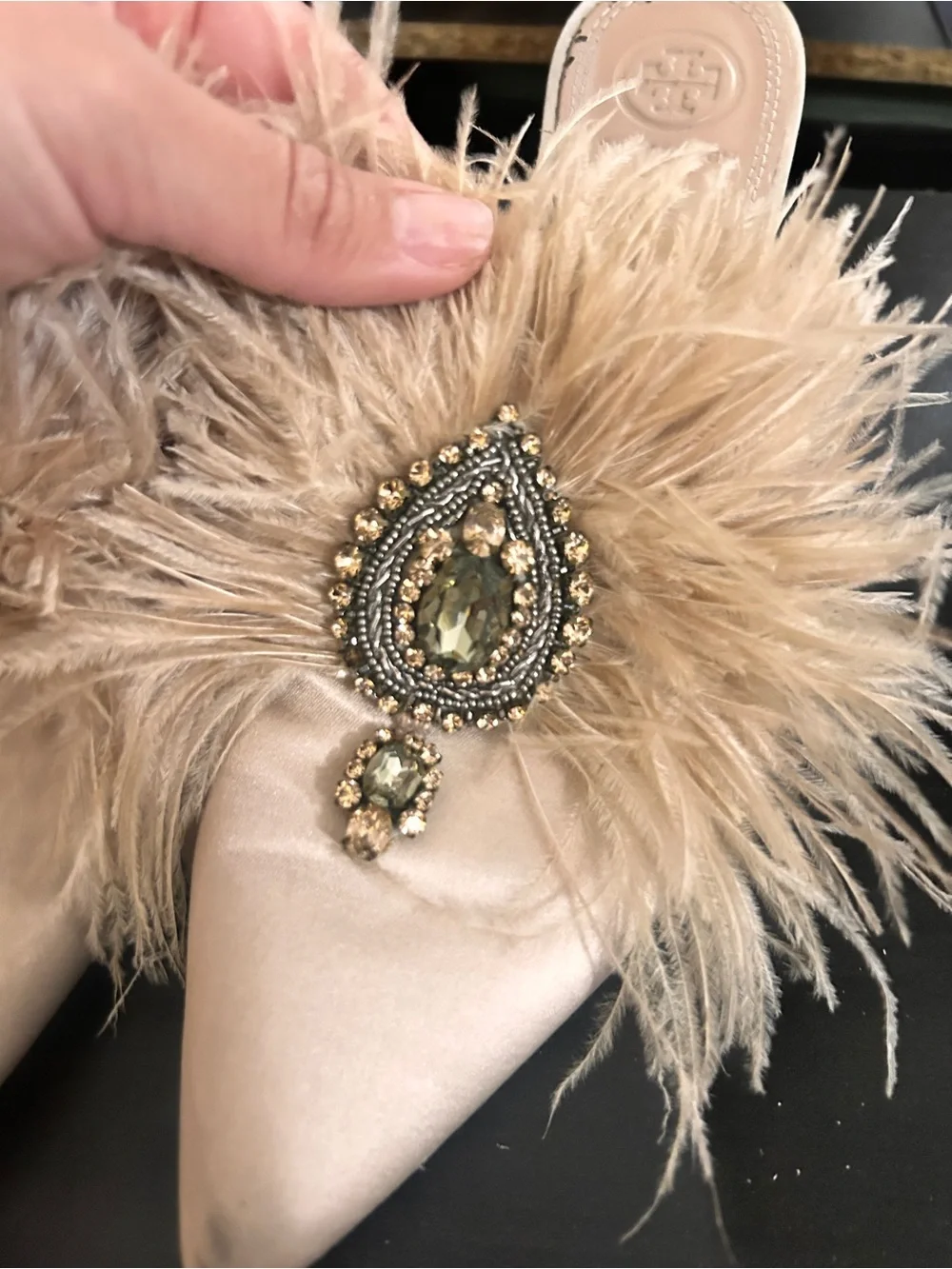 Tory Burch Champagne Feather Jeweled Pointed Mules